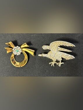Gold Bow & Emerald Flower Ring Pin and Silver Rhinestone Bird Brooch Set